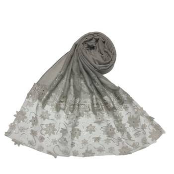 Silverish New Aged Design On Net With Flower and Diamond Work On Hijab - Grey - Size - 75/185 CM 1