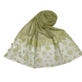Silverish New Aged Design On Net With Flower and Diamond Work On Hijab - Green - Size - 75/185 CM 1