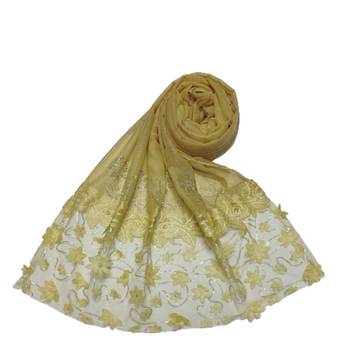 Silverish New Aged Design On Net With Flower and Diamond Work On Hijab - Yellow - Size - 75/185 CM 1