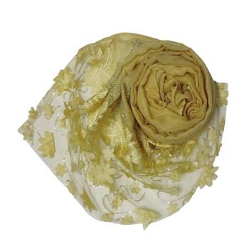 Silverish New Aged Design On Net With Flower and Diamond Work On Hijab - Yellow - Size - 75/185 CM 2
