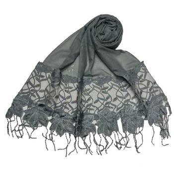 Heavy Work On Net and Heavy Flowerly Lace With Fringe's - Grey - Size - 75/185 CM 1