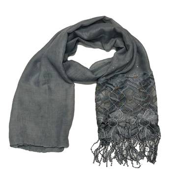 Heavy Work On Net and Heavy Flowerly Lace With Fringe's - Grey - Size - 75/185 CM 3
