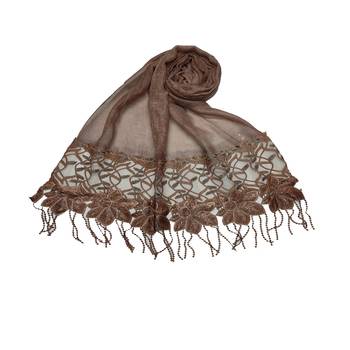 Heavy Work On Net and Heavy Flowerly Lace With Fringe's - Brown - Size - 75/185 CM 1