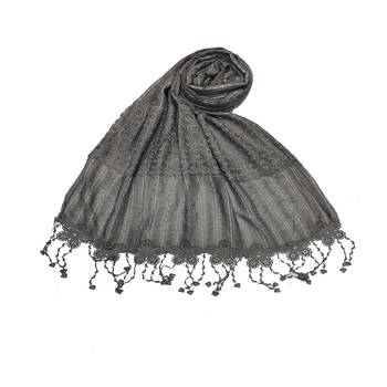 Flowerly Cotton  Border Hijab - Dark Grey - Size - 75/185 CM 1