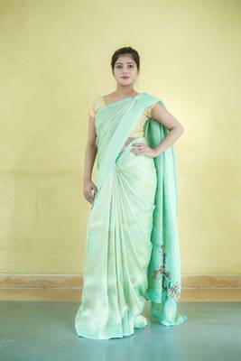 Woven Aqua Green Mysore Georgette Paithani Sari 1