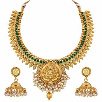 24K Gold Plated Temple Jewellery Laxmi Pendant Necklace Set With Earrings For Women 5