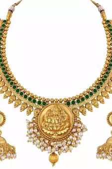 24K Gold Plated Temple Jewellery Laxmi Pendant Necklace Set With Earrings For Women