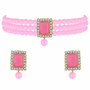 Gold Plated Traditional Handcrafted Stone Beaded Choker with Earrings For Women/Girls  4