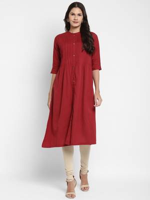Solid & Pintuck A-Line Cotton Maroon Kurta 1