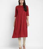 Solid & Pintuck A-Line Cotton Maroon Kurta