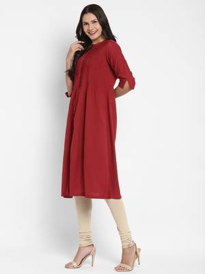 Solid & Pintuck A-Line Cotton Maroon Kurta 3