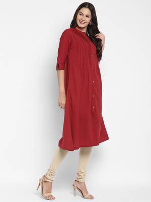 Solid & Pintuck A-Line Cotton Maroon Kurta 4