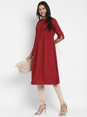 Solid & Pintuck A-Line Cotton Maroon Kurta 7