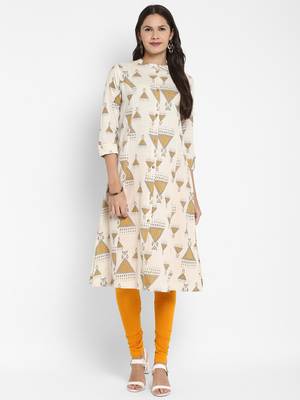 Printed A-Line Cotton Off white Kurta With Multiple Slit 1