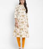 Printed A-Line Cotton Off white Kurta With Multiple Slit