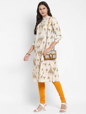 Printed A-Line Cotton Off white Kurta With Multiple Slit 7