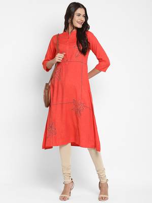 Solid & Hand Work Straight Rayon Coral Kurta 1