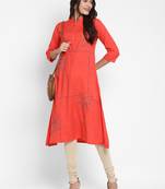 Solid & Hand Work Straight Rayon Coral Kurta