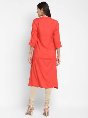 Solid & Hand Work Straight Rayon Coral Kurta 2