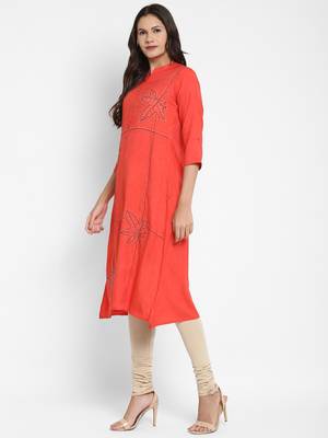 Solid & Hand Work Straight Rayon Coral Kurta 3
