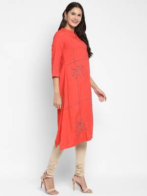 Solid & Hand Work Straight Rayon Coral Kurta 4