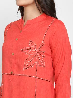 Solid & Hand Work Straight Rayon Coral Kurta 5