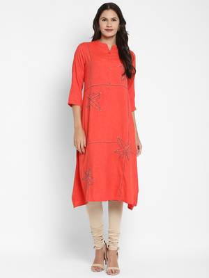 Solid & Hand Work Straight Rayon Coral Kurta 6
