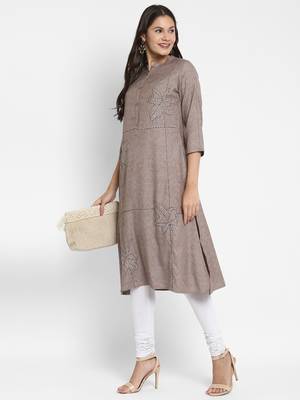 Solid & Hand Work Straight Rayon Grey Kurta 1