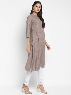 Solid & Hand Work Straight Rayon Grey Kurta 3