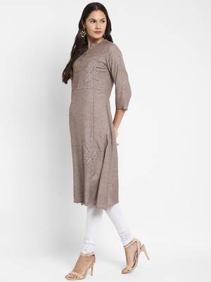 Solid & Hand Work Straight Rayon Grey Kurta 4