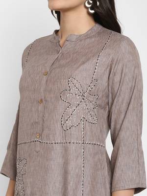 Solid & Hand Work Straight Rayon Grey Kurta 5