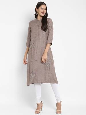 Solid & Hand Work Straight Rayon Grey Kurta 7