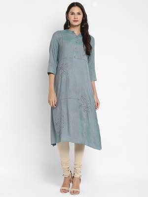 Solid & Hand Work Straight Rayon Aqua Kurta 1