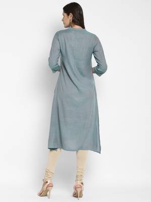 Solid & Hand Work Straight Rayon Aqua Kurta 2