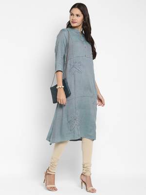 Solid & Hand Work Straight Rayon Aqua Kurta 3