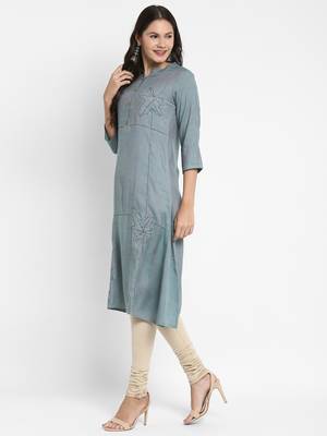 Solid & Hand Work Straight Rayon Aqua Kurta 4