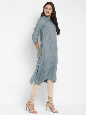 Solid & Hand Work Straight Rayon Aqua Kurta 5