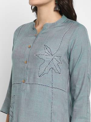 Solid & Hand Work Straight Rayon Aqua Kurta 6