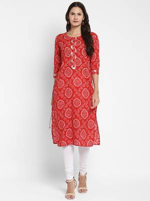 Bandhani Printed & Gota Patti Work Straight Cotton Red Kurta 1
