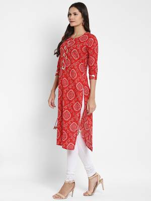 Bandhani Printed & Gota Patti Work Straight Cotton Red Kurta 5