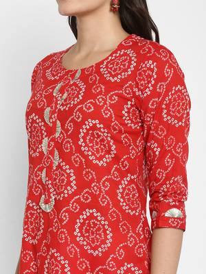Bandhani Printed & Gota Patti Work Straight Cotton Red Kurta 6