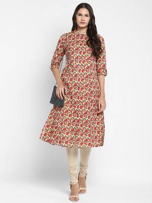 Floral & Foil Print A-Line Cotton Cream Kurta With Multiple Slit 1
