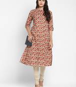 Floral & Foil Print A-Line Cotton Cream Kurta With Multiple Slit