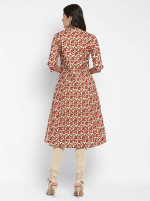 Floral & Foil Print A-Line Cotton Cream Kurta With Multiple Slit 2
