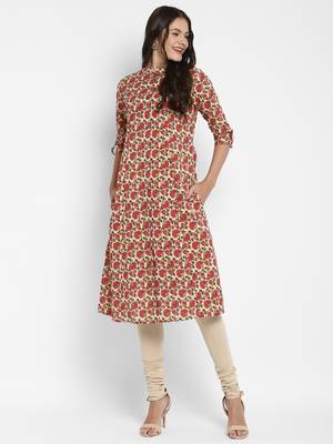 Floral & Foil Print A-Line Cotton Cream Kurta With Multiple Slit 3