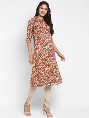 Floral & Foil Print A-Line Cotton Cream Kurta With Multiple Slit 4