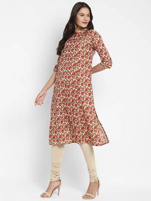 Floral & Foil Print A-Line Cotton Cream Kurta With Multiple Slit 5