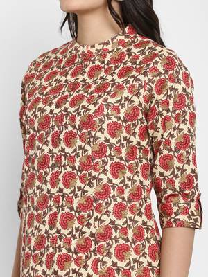 Floral & Foil Print A-Line Cotton Cream Kurta With Multiple Slit 6