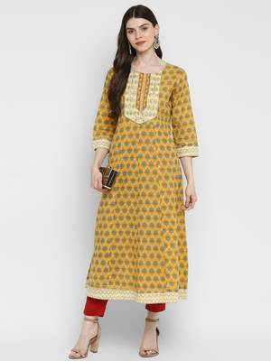 Printed & Mirror Work Anarkali Cotton Yellow Kurta 1