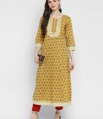 Printed & Mirror Work Anarkali Cotton Yellow Kurta